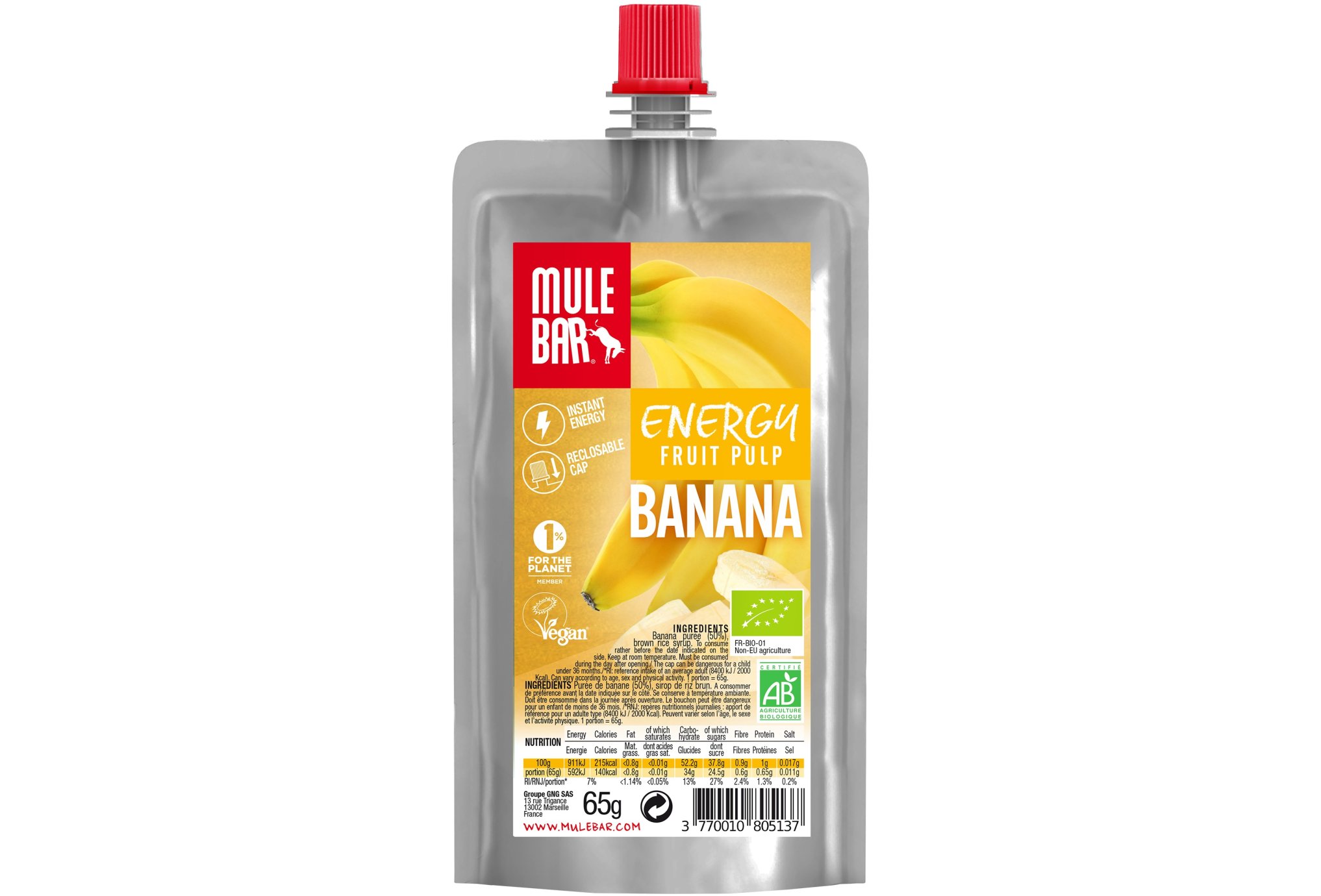 Mulebar Pulpe de fruits Bio & Vegan - Banane Diététique Gels